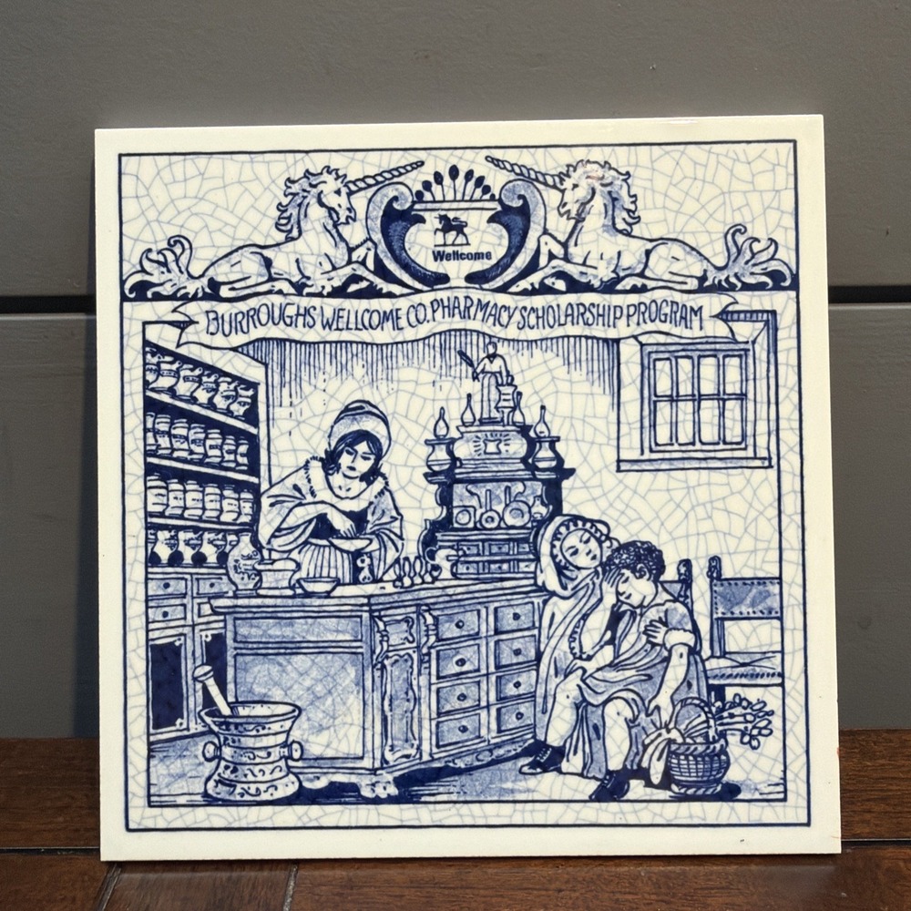 Vtg Delft Holland Ceramic Tile Burroughs Wellcome Pharmacy Scholarship Program 6